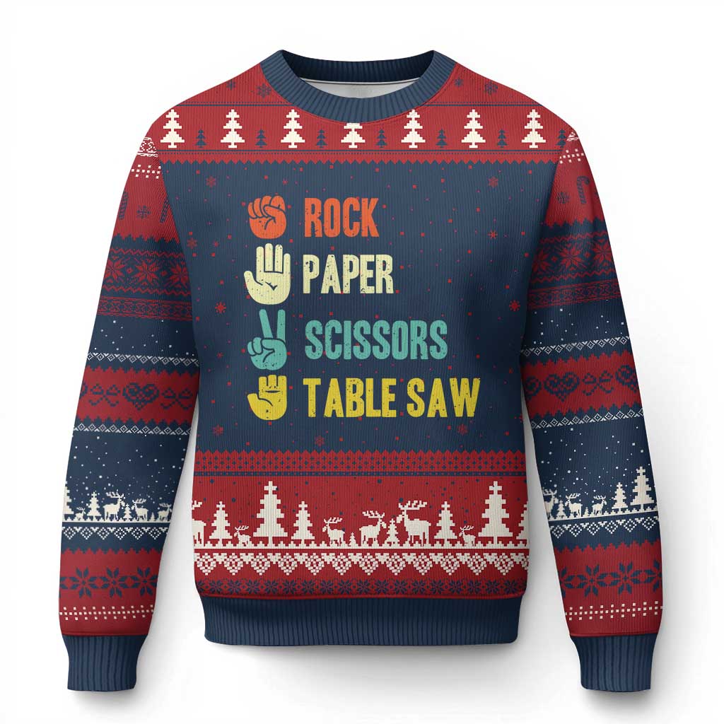 Funny Woodworker Ugly Christmas Sweater Rock Paper Scissors Table Saw TS14 Navy Red Print Your Wear