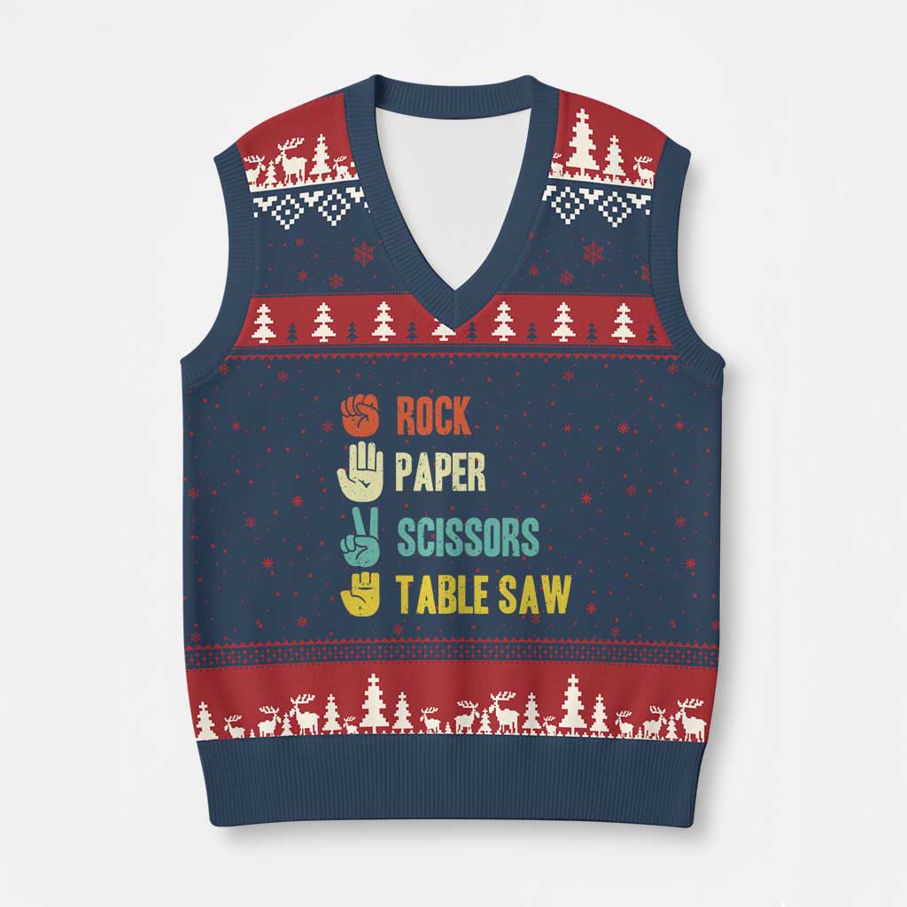 Funny Woodworker V-Neck Knit Sweater Vest Rock Paper Scissors Table Saw TS14 Navy Red Print Your Wear