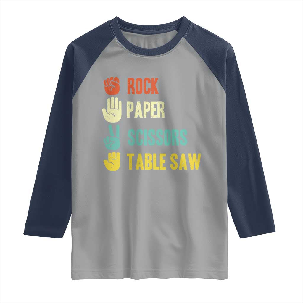 Funny Woodworker Raglan Shirt Rock Paper Scissors Table Saw TS14 Sport Gray Navy Print Your Wear