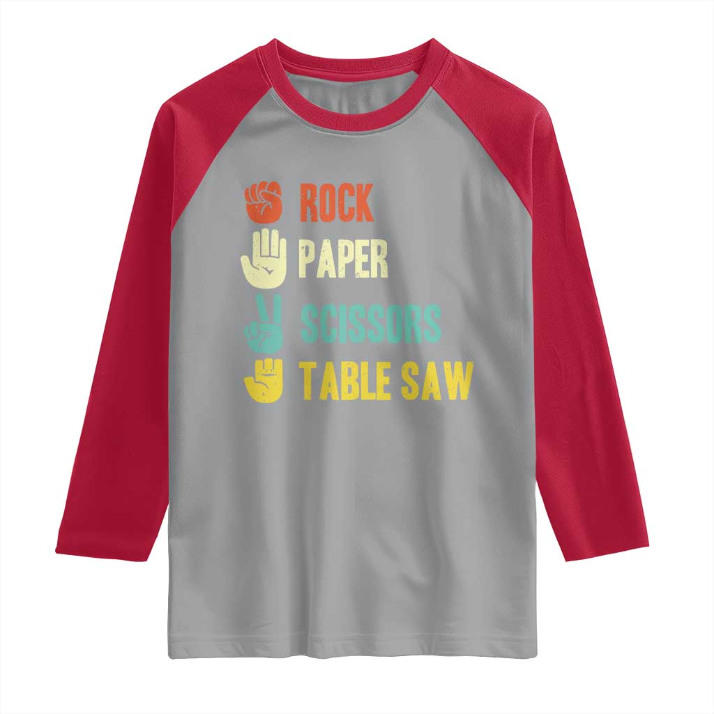 Funny Woodworker Raglan Shirt Rock Paper Scissors Table Saw TS14 Sport Gray Red Print Your Wear