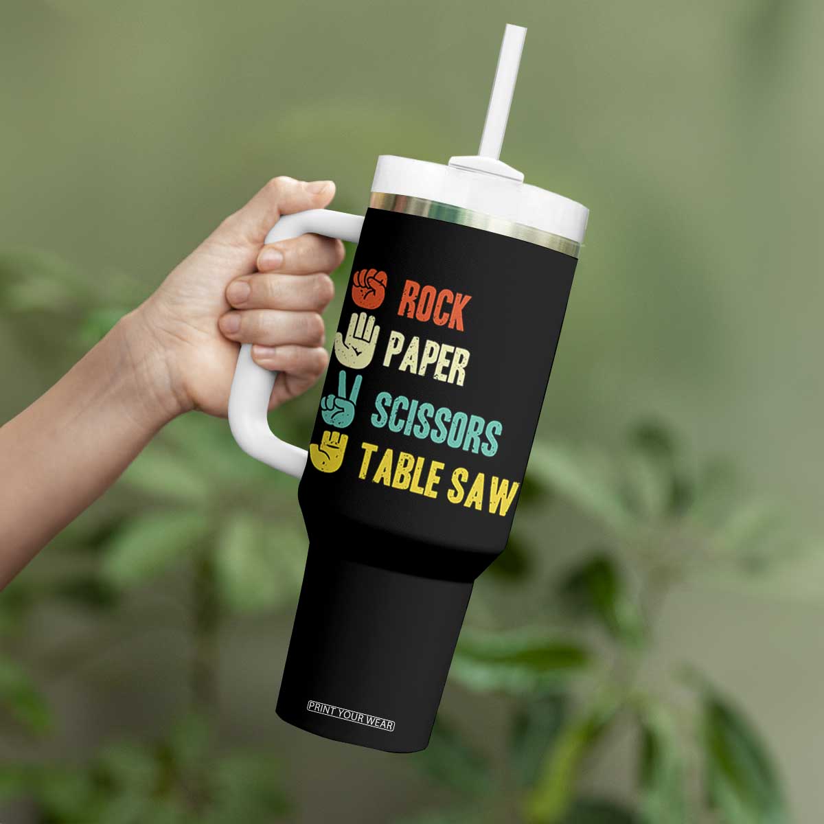 Funny Woodworker Tumbler With Handle Rock Paper Scissors Table Saw TS14 Print Your Wear