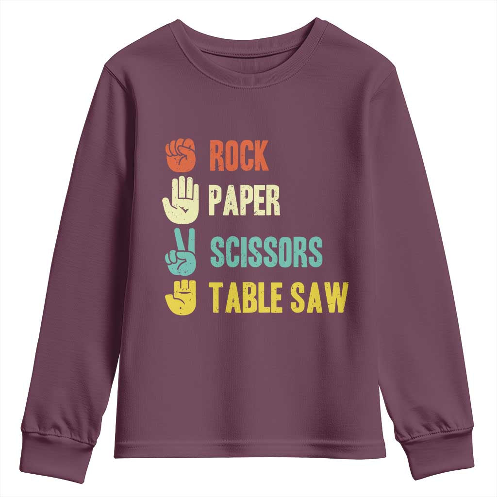 Funny Woodworker Youth Sweatshirt Rock Paper Scissors Table Saw TS14 Maroon Print Your Wear