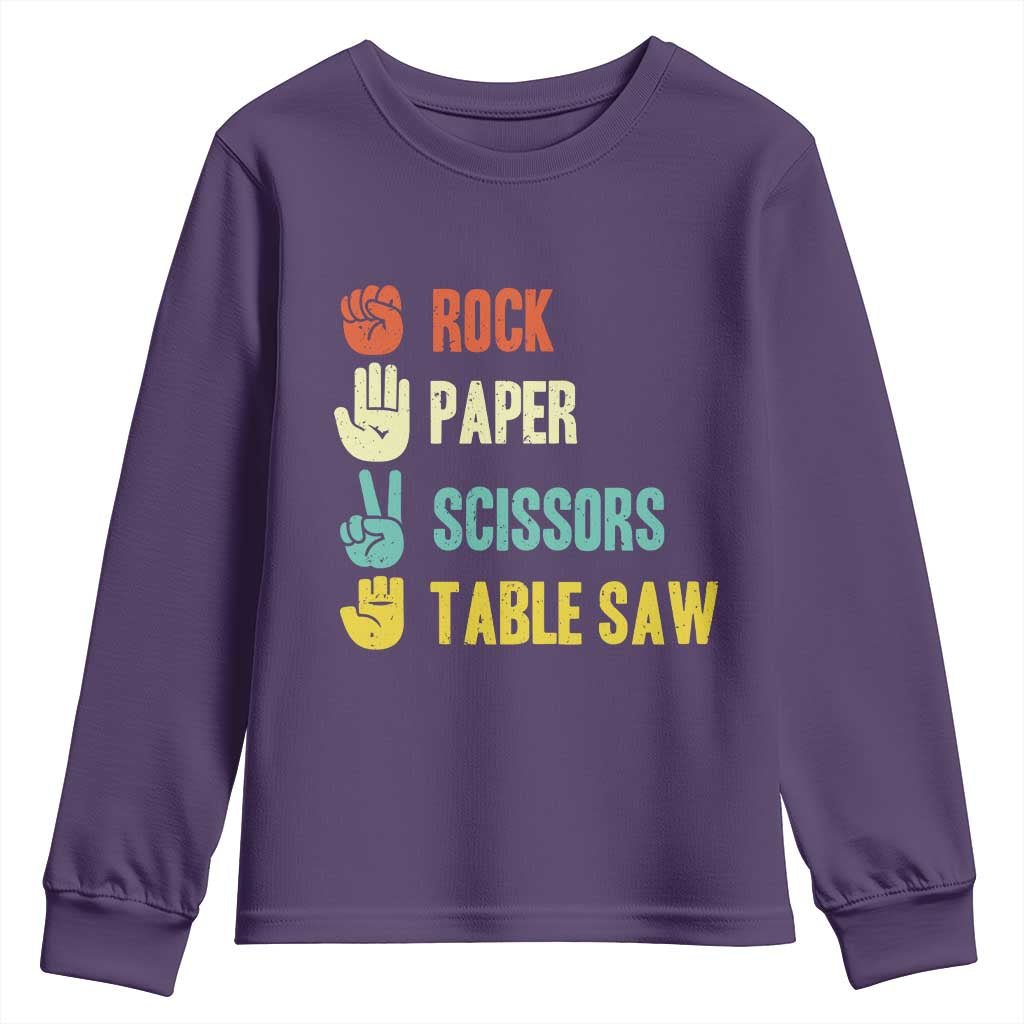 Funny Woodworker Youth Sweatshirt Rock Paper Scissors Table Saw TS14 Purple Print Your Wear