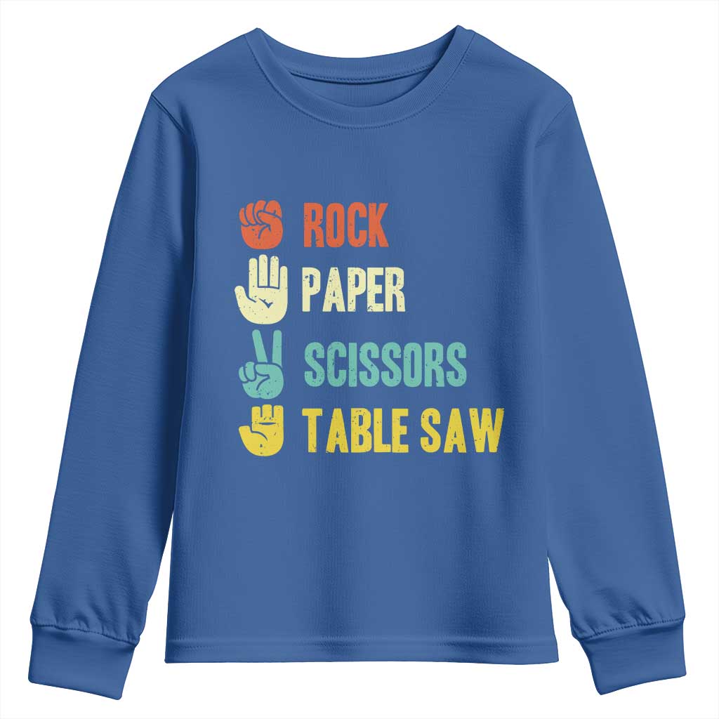 Funny Woodworker Youth Sweatshirt Rock Paper Scissors Table Saw TS14 Royal Blue Print Your Wear