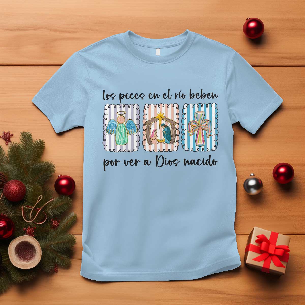 Nativity Scene Christian Christmas T Shirt Feliz Navidad TS14 Light Blue Print Your Wear