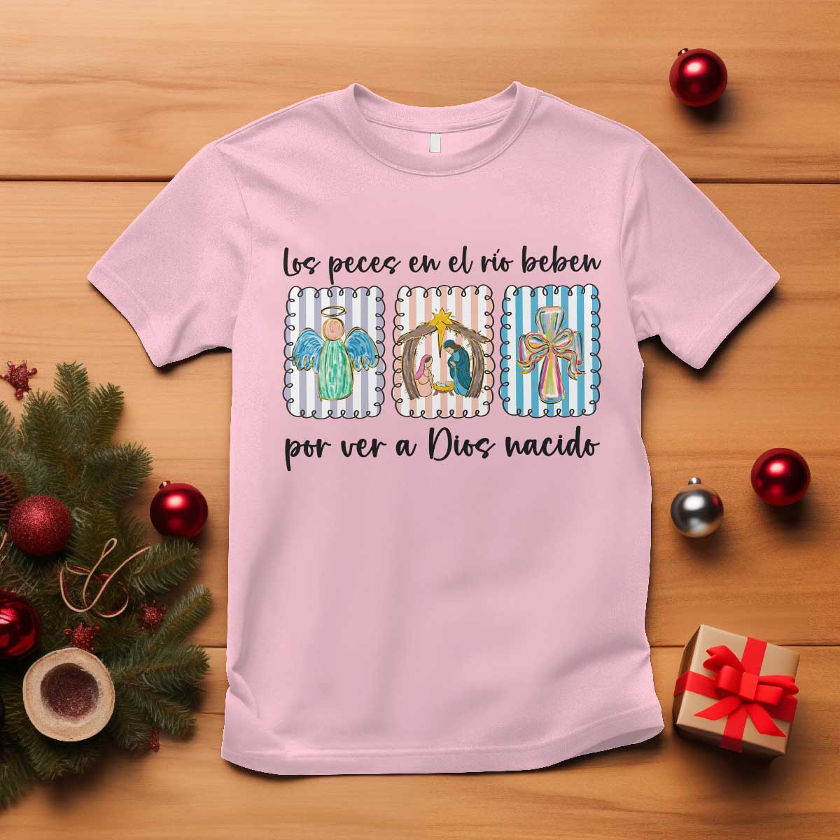 Nativity Scene Christian Christmas T Shirt Feliz Navidad TS14 Light Pink Print Your Wear