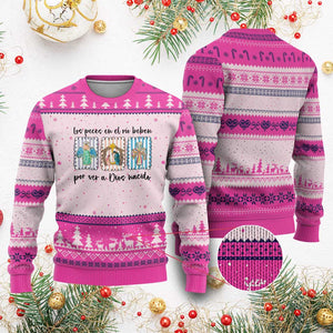 Nativity Scene Christian Xmas Ugly Christmas Sweater Feliz Navidad TS14 Hot Pink Print Your Wear