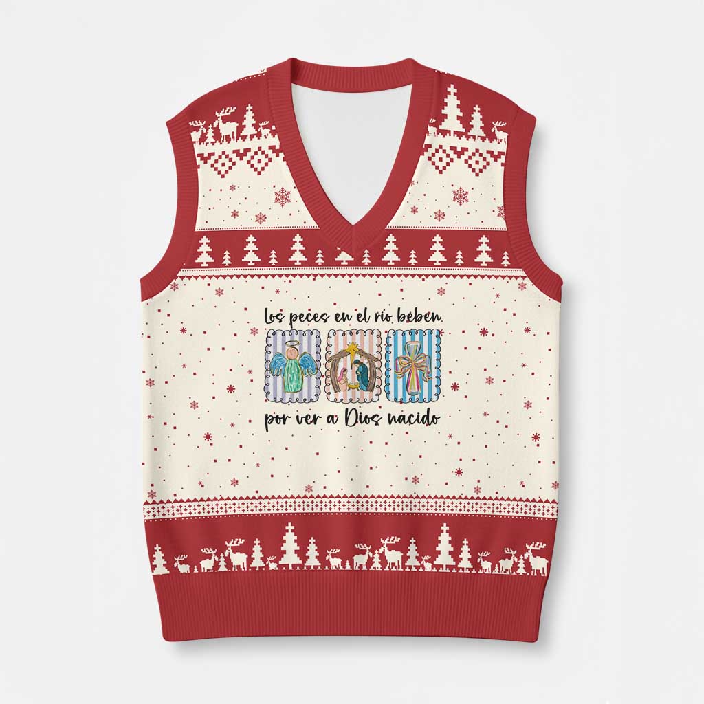 Nativity Scene Christian Xmas V-Neck Knit Sweater Vest Feliz Navidad TS14 Beige Red Print Your Wear