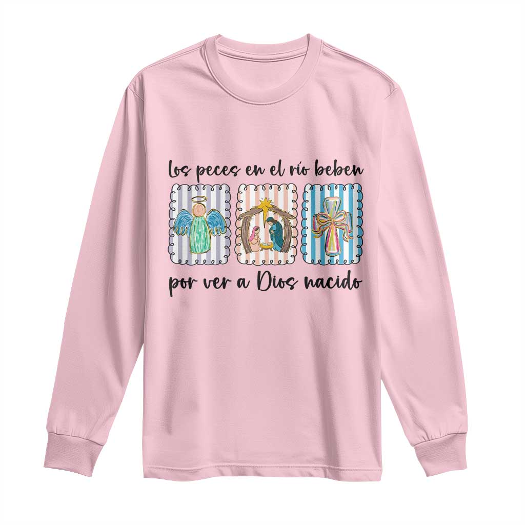Nativity Scene Christian Christmas Long Sleeve Shirt Feliz Navidad TS14 Light Pink Print Your Wear