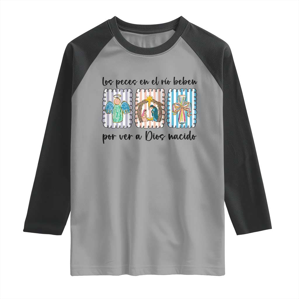 Nativity Scene Christian Christmas Raglan Shirt Feliz Navidad TS14 Sport Gray Black Print Your Wear