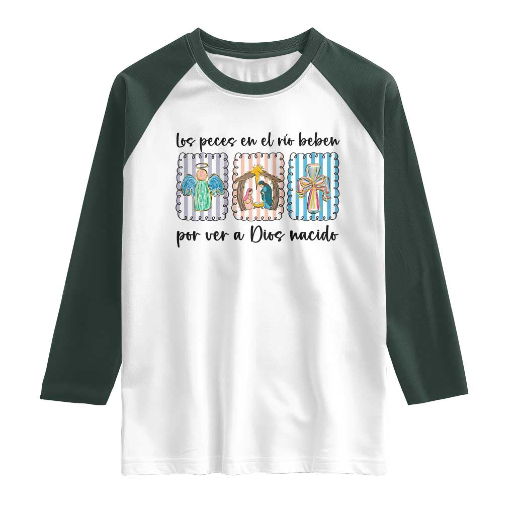 Nativity Scene Christian Christmas Raglan Shirt Feliz Navidad TS14 White Dark Forest Green Print Your Wear