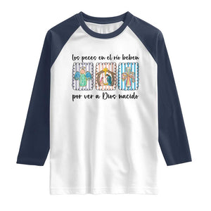 Nativity Scene Christian Christmas Raglan Shirt Feliz Navidad TS14 White Navy Print Your Wear