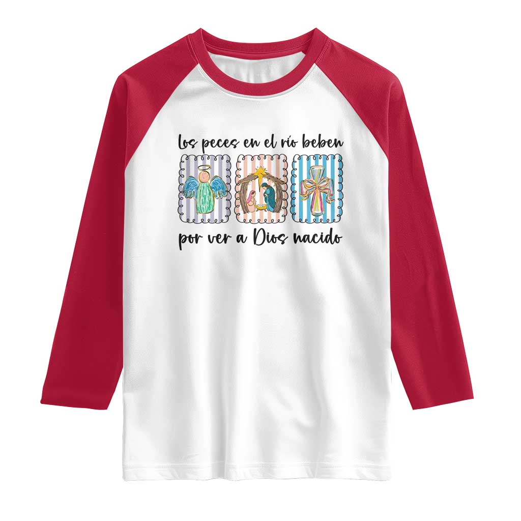 Nativity Scene Christian Christmas Raglan Shirt Feliz Navidad TS14 White Red Print Your Wear