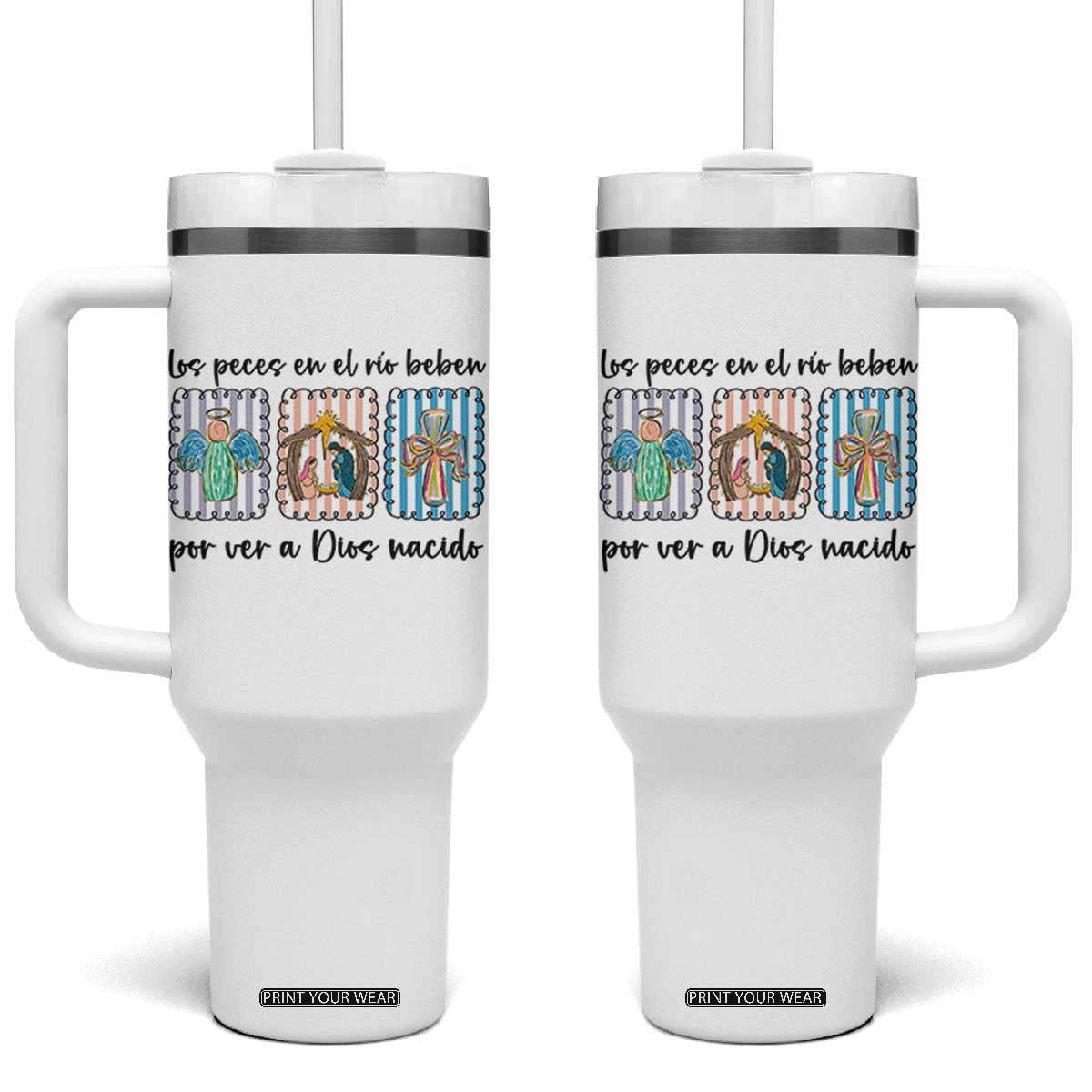 Nativity Scene Christian Christmas Tumbler With Handle Feliz Navidad TS14 One Size: 40 oz White Print Your Wear