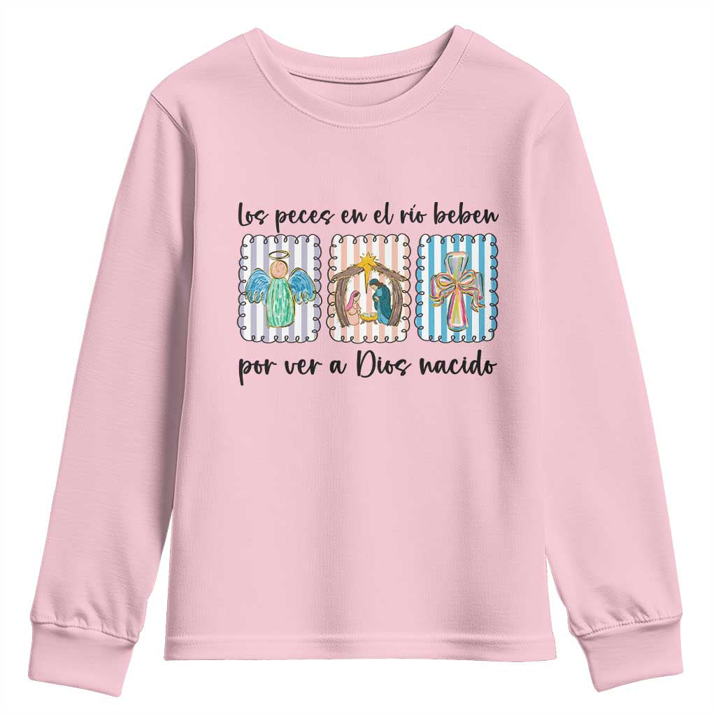 Nativity Scene Christian Christmas Youth Sweatshirt Feliz Navidad TS14 Light Pink Print Your Wear