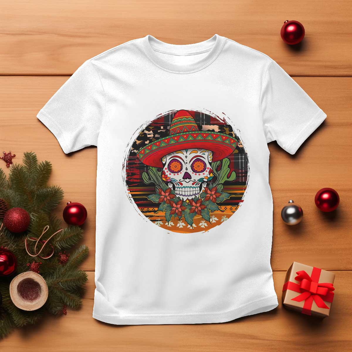 Sugar Skull Mexican Christmas T Shirt TS14 White Print Your Wear