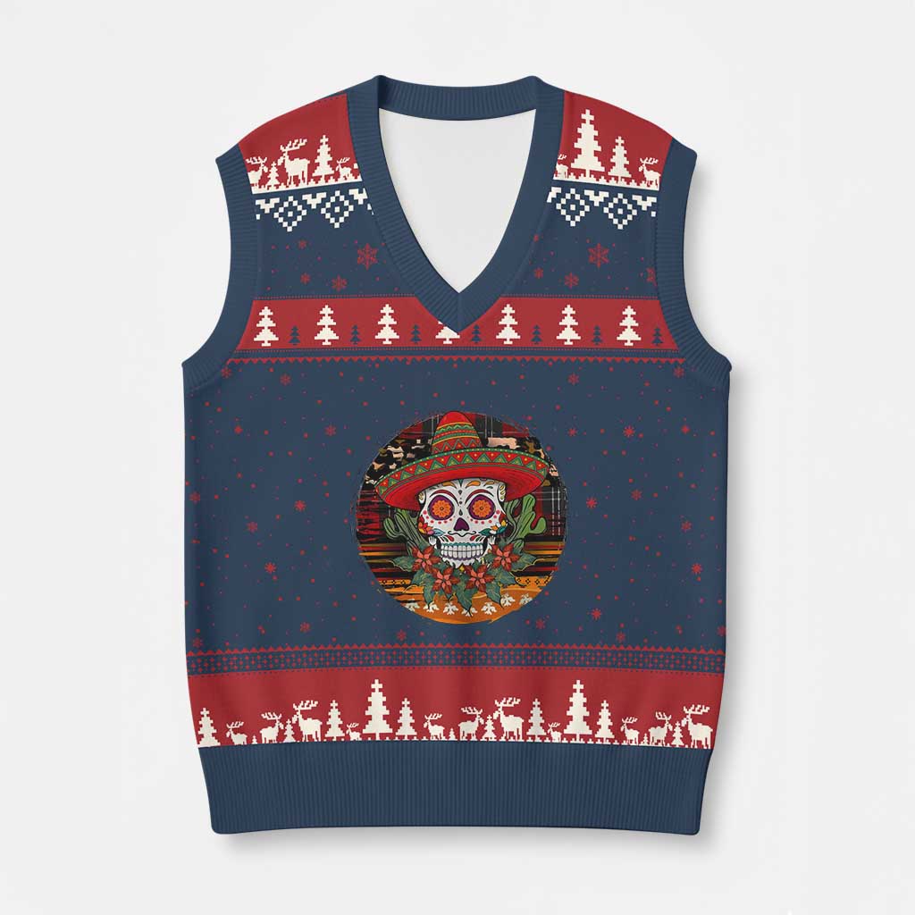 Sugar Skull Mexican Xmas V-Neck Knit Sweater Vest TS14 Navy Red Print Your Wear