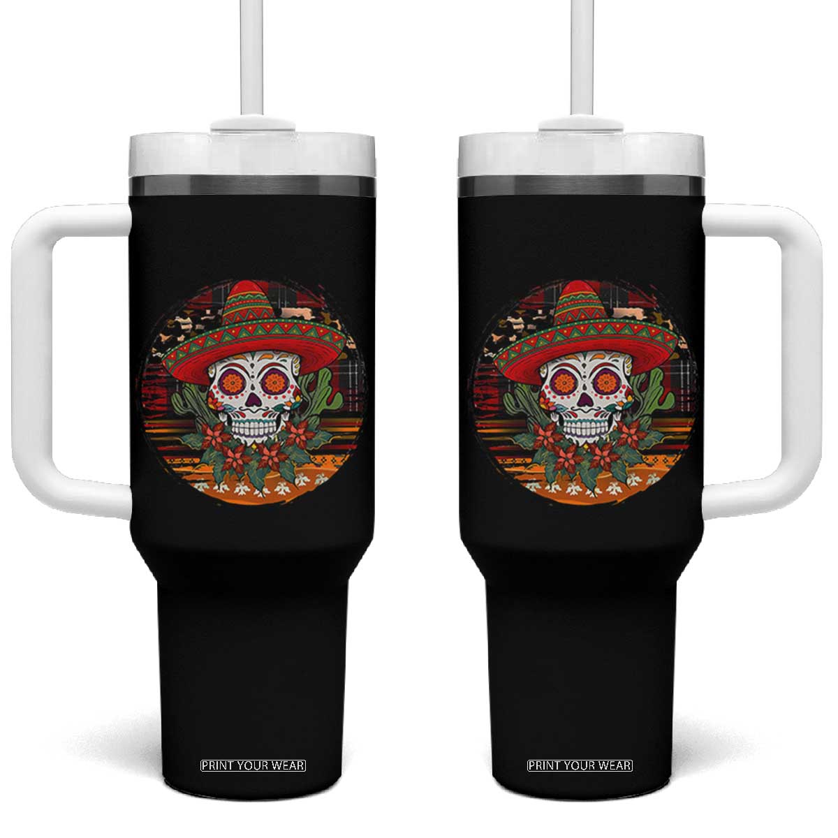 Sugar Skull Mexican Christmas Tumbler With Handle TS14 One Size: 40 oz Black Print Your Wear