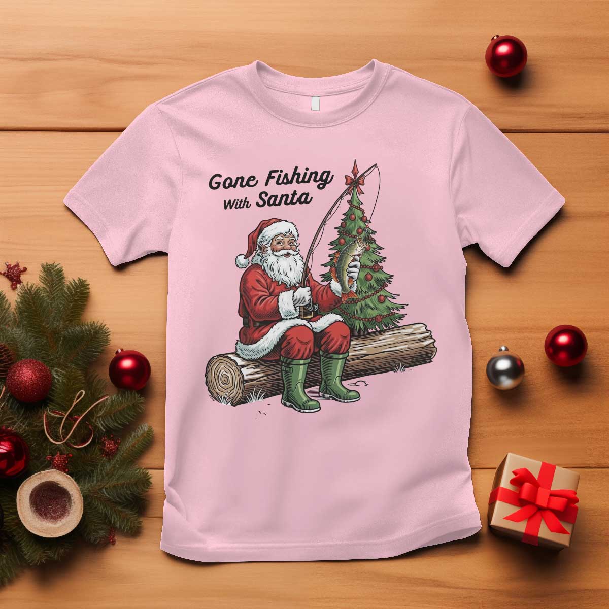 Santa Fishing Chritsmas T Shirt Funny Fisherman Xmas TS14 Light Pink Print Your Wear