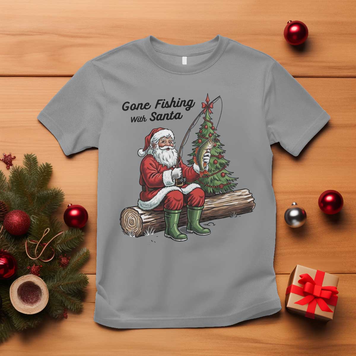 Santa Fishing Chritsmas T Shirt Funny Fisherman Xmas TS14 Sport Gray Print Your Wear