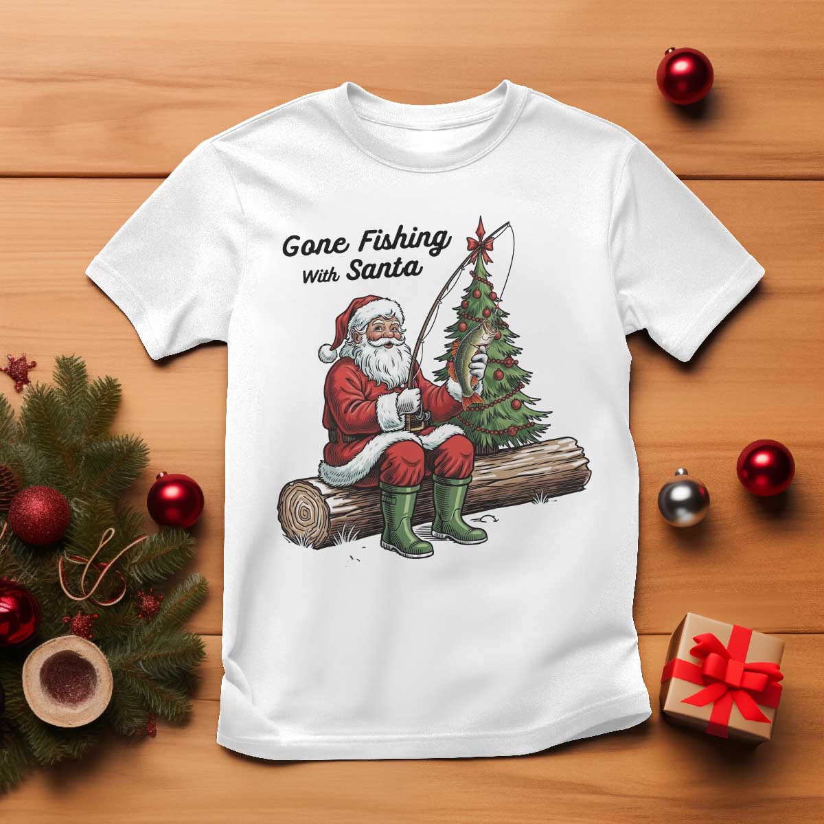 Santa Fishing Chritsmas T Shirt Funny Fisherman Xmas TS14 White Print Your Wear