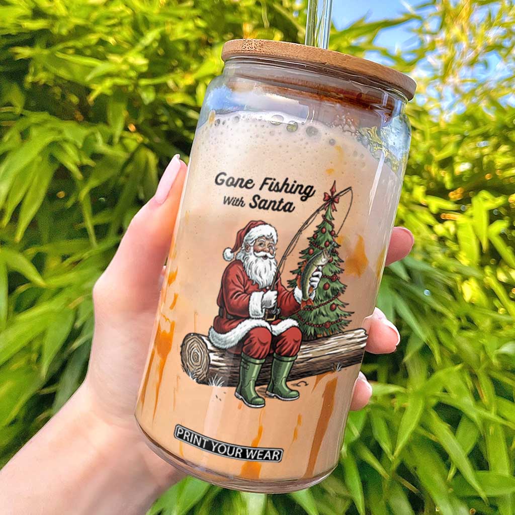 Santa Fishing Chritsmas Glass Can Funny Fisherman Xmas TS14 White Print Your Wear