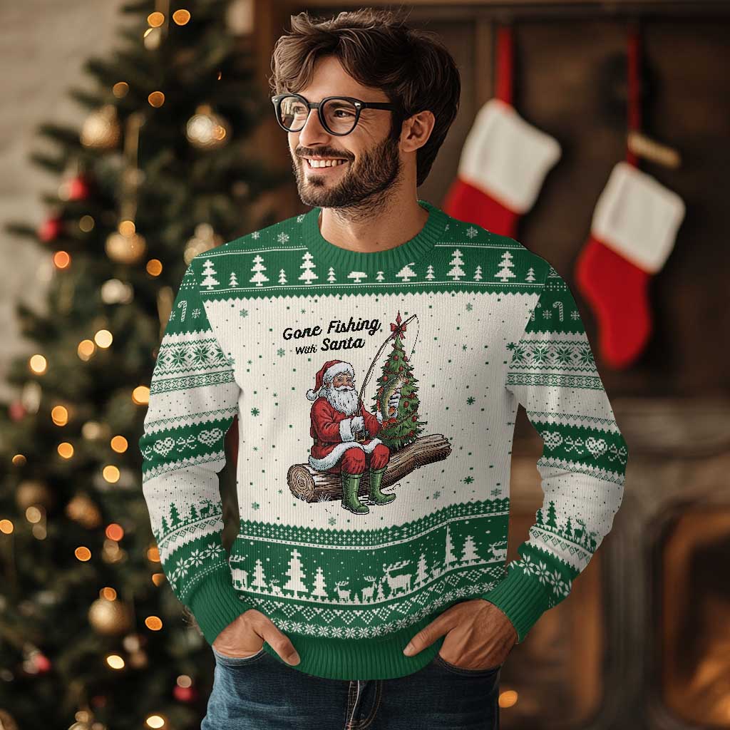 Santa Fishing Chritsmas Ugly Christmas Sweater Funny Fisherman Xmas TS14 Beige Green Print Your Wear