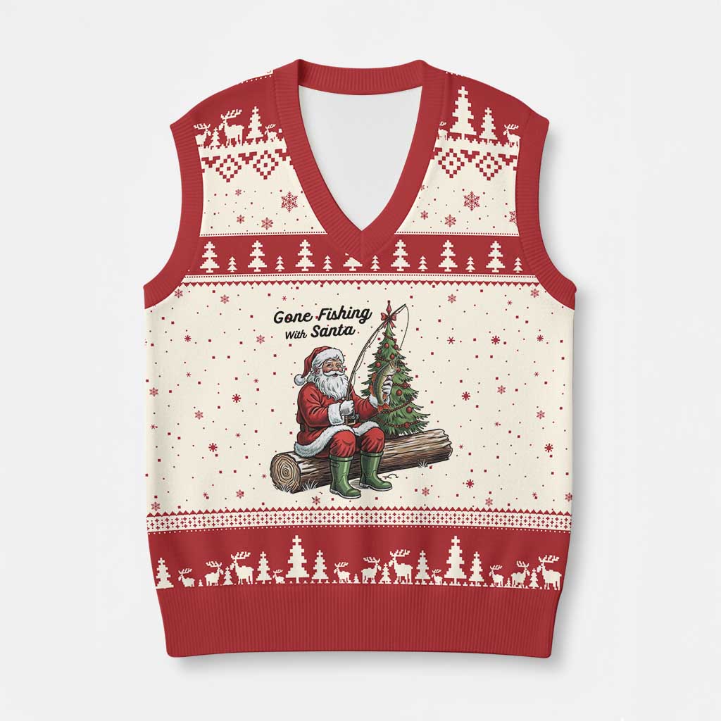 Santa Fishing Chritsmas V-Neck Knit Sweater Vest Funny Fisherman Xmas TS14 Beige Red Print Your Wear