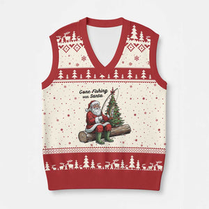 Santa Fishing Chritsmas V-Neck Knit Sweater Vest Funny Fisherman Xmas TS14 Beige Red Print Your Wear