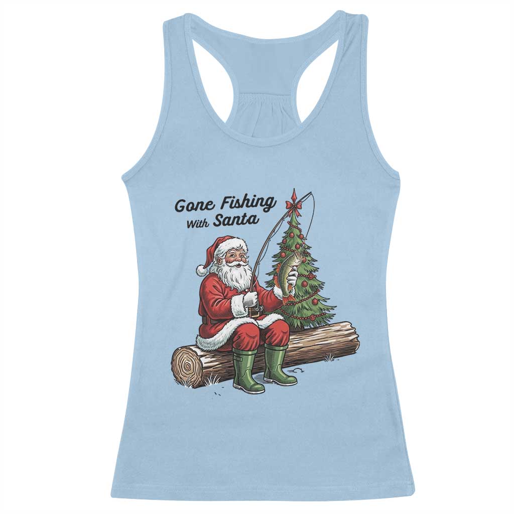 Santa Fishing Chritsmas Racerback Tank Top Funny Fisherman Xmas TS14 Light Blue Print Your Wear