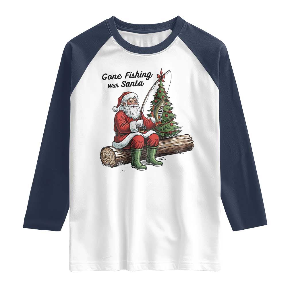 Santa Fishing Chritsmas Raglan Shirt Funny Fisherman Xmas TS14 White Navy Print Your Wear