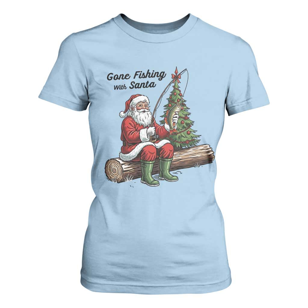 Santa Fishing Chritsmas T Shirt For Women Funny Fisherman Xmas TS14 Light Blue Print Your Wear