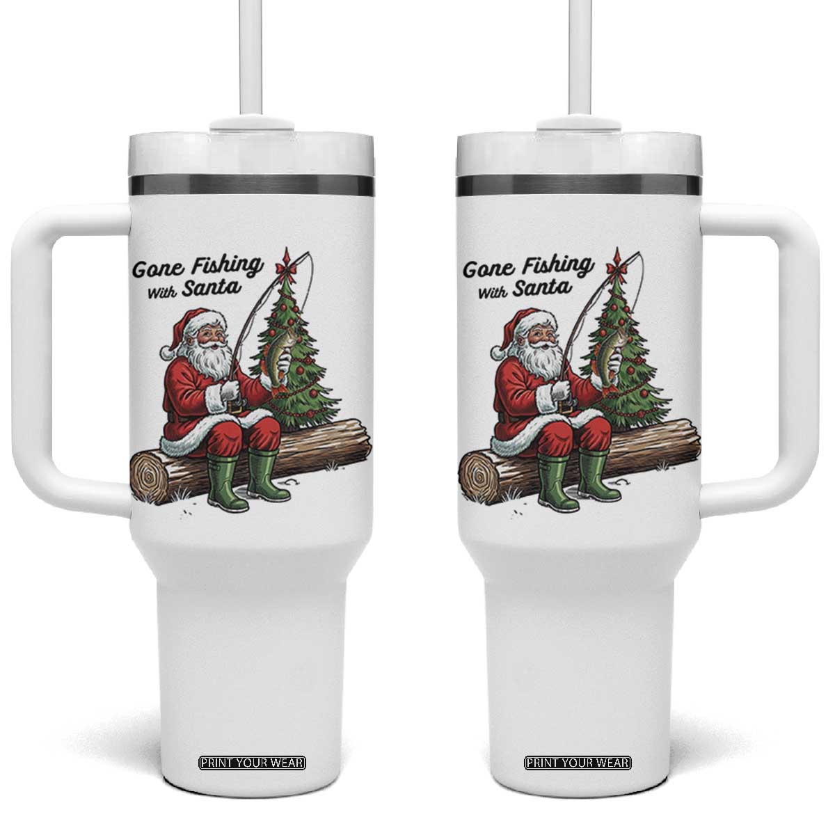 Santa Fishing Chritsmas Tumbler With Handle Funny Fisherman Xmas TS14 One Size: 40 oz White Print Your Wear