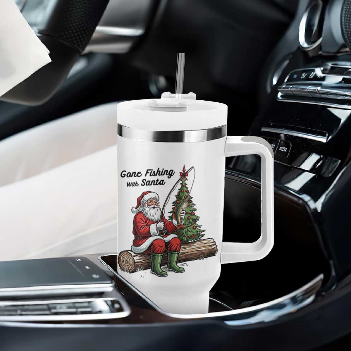 Santa Fishing Chritsmas Tumbler With Handle Funny Fisherman Xmas TS14 Print Your Wear