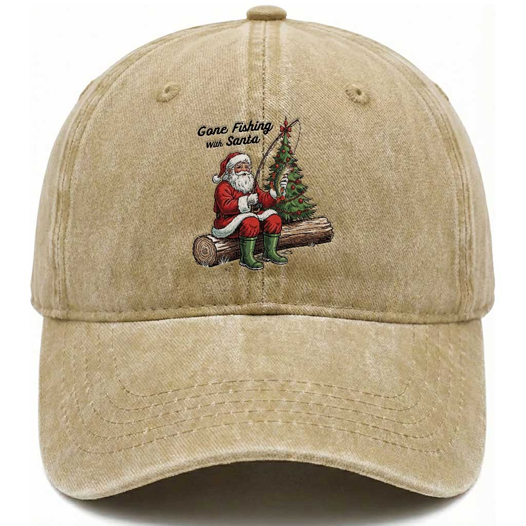 Santa Fishing Chritsmas Washed Cotton Baseball Cap Funny Fisherman Xmas TS14 Washed Cap Universal Fit Khaki Print Your Wear