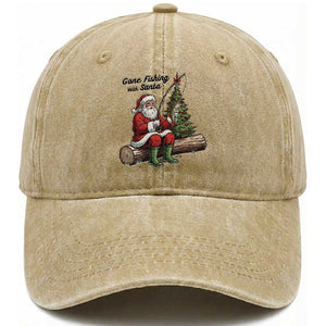 Santa Fishing Chritsmas Washed Cotton Baseball Cap Funny Fisherman Xmas TS14 Washed Cap Universal Fit Khaki Print Your Wear