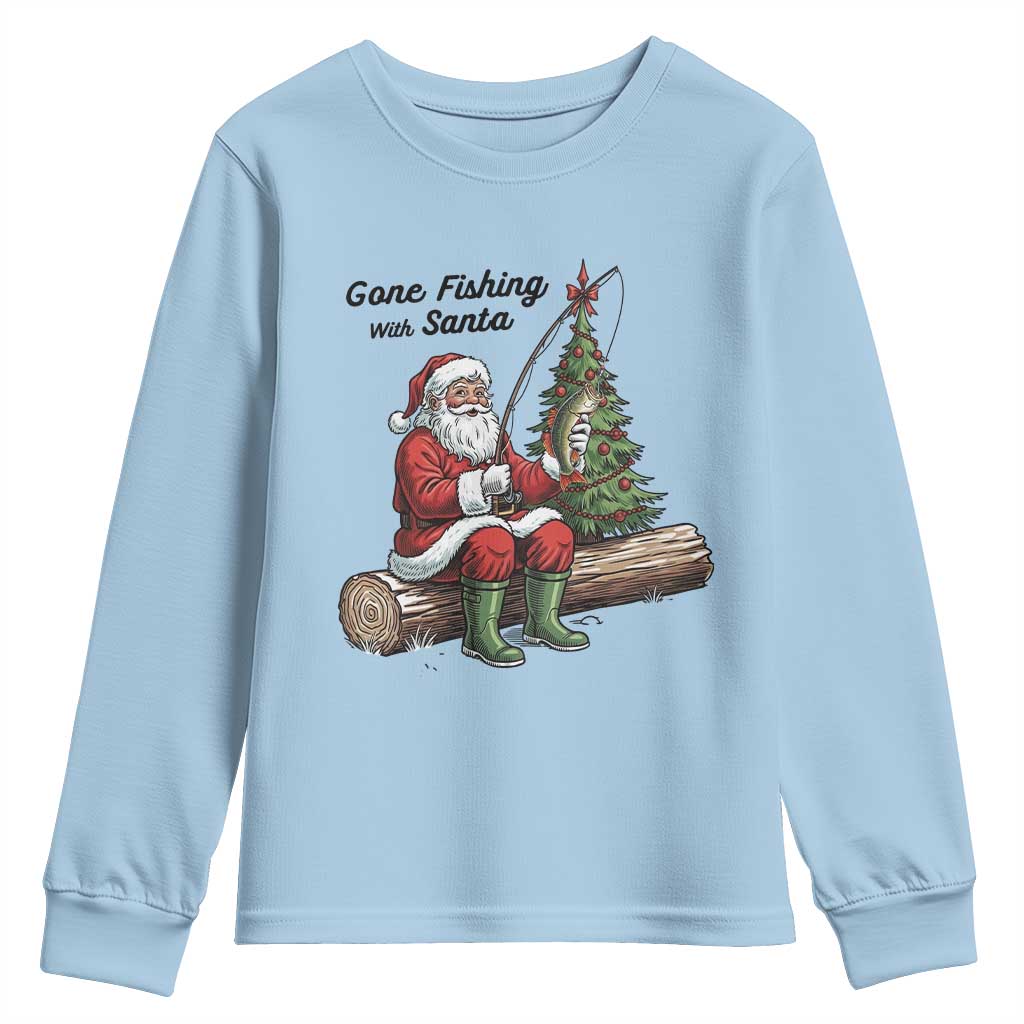 Santa Fishing Chritsmas Youth Sweatshirt Funny Fisherman Xmas TS14 Light Blue Print Your Wear