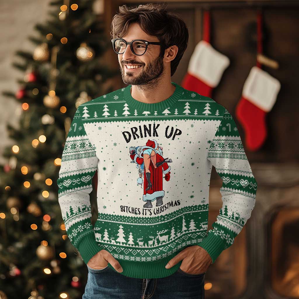Funny Xmas Wine Ugly Christmas Sweater Drink Up Bitches It Is Xmas TS14 Beige Green Print Your Wear