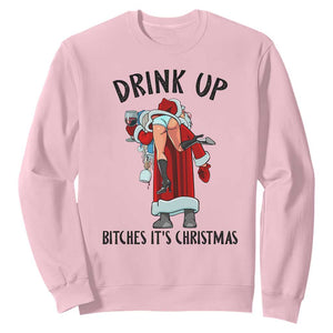Funny Christmas Wine Sweatshirt Drink Up Bitches It Is Christmas TS14 Light Pink Print Your Wear