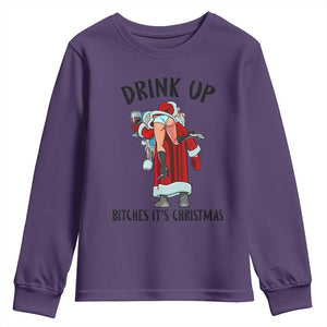 Funny Christmas Wine Youth Sweatshirt Drink Up Bitches It Is Christmas TS14 Purple Print Your Wear