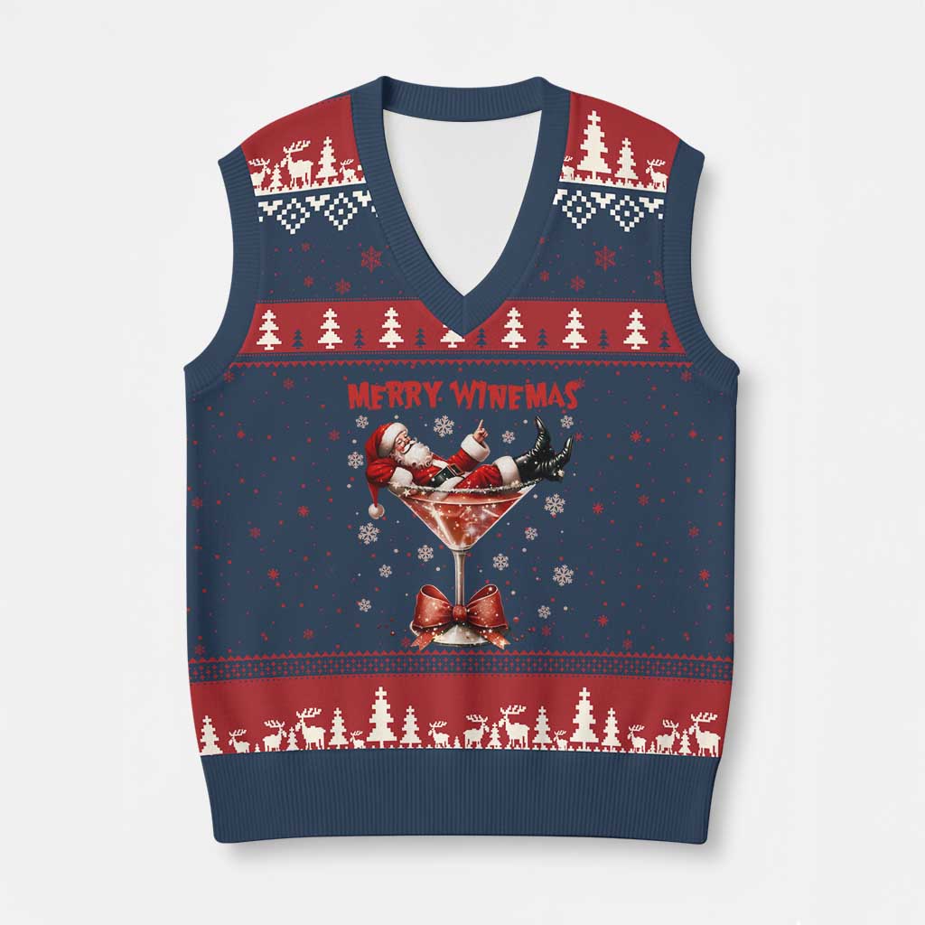 Funny Xmas Wine V-Neck Knit Sweater Vest Santa Feeling Xmas TS14 Navy Red Print Your Wear