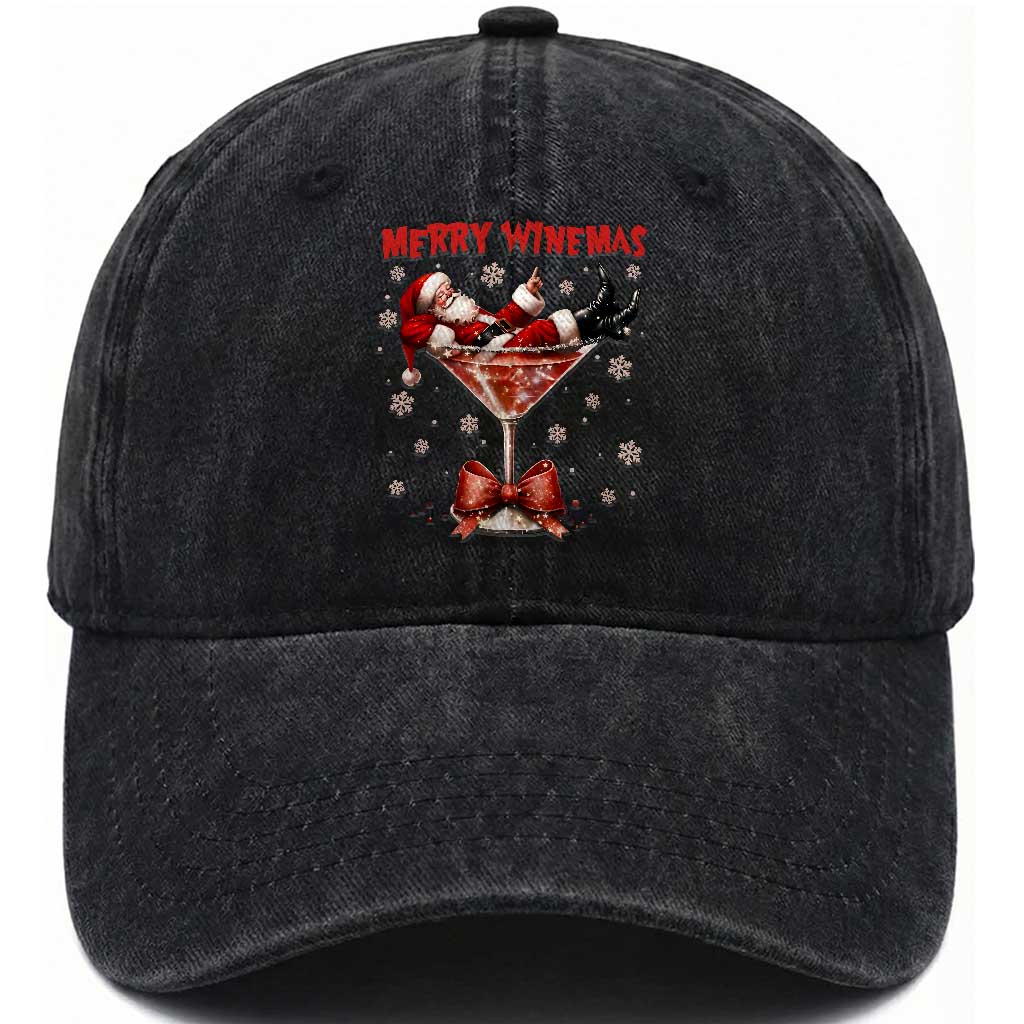 Funny Christmas Wine Washed Cotton Baseball Cap Santa Feeling Xmas TS14 Washed Cap Universal Fit Black Print Your Wear