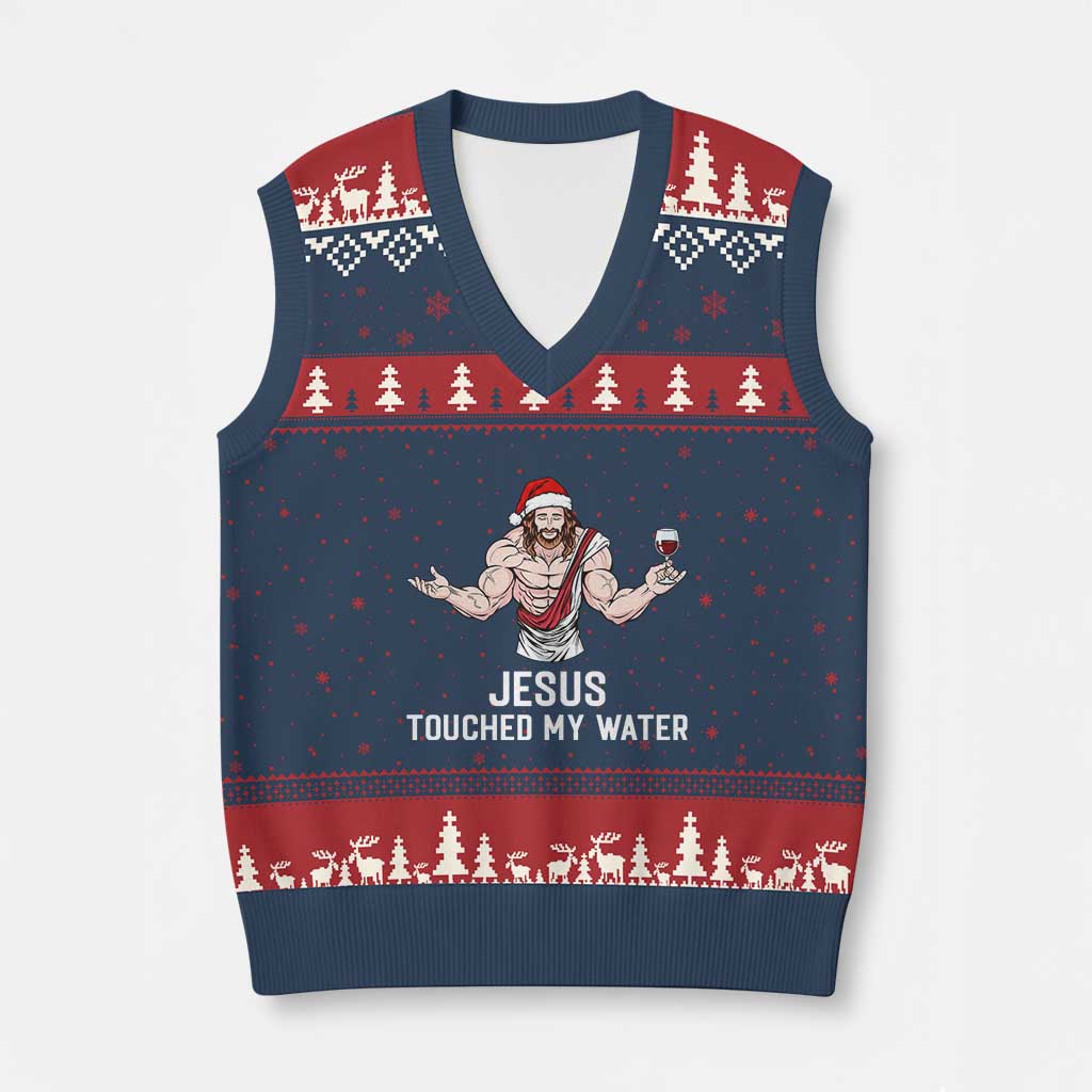 Funny Xmas Wine V-Neck Knit Sweater Vest Jesus Drank Wine TS14 Navy Red Print Your Wear