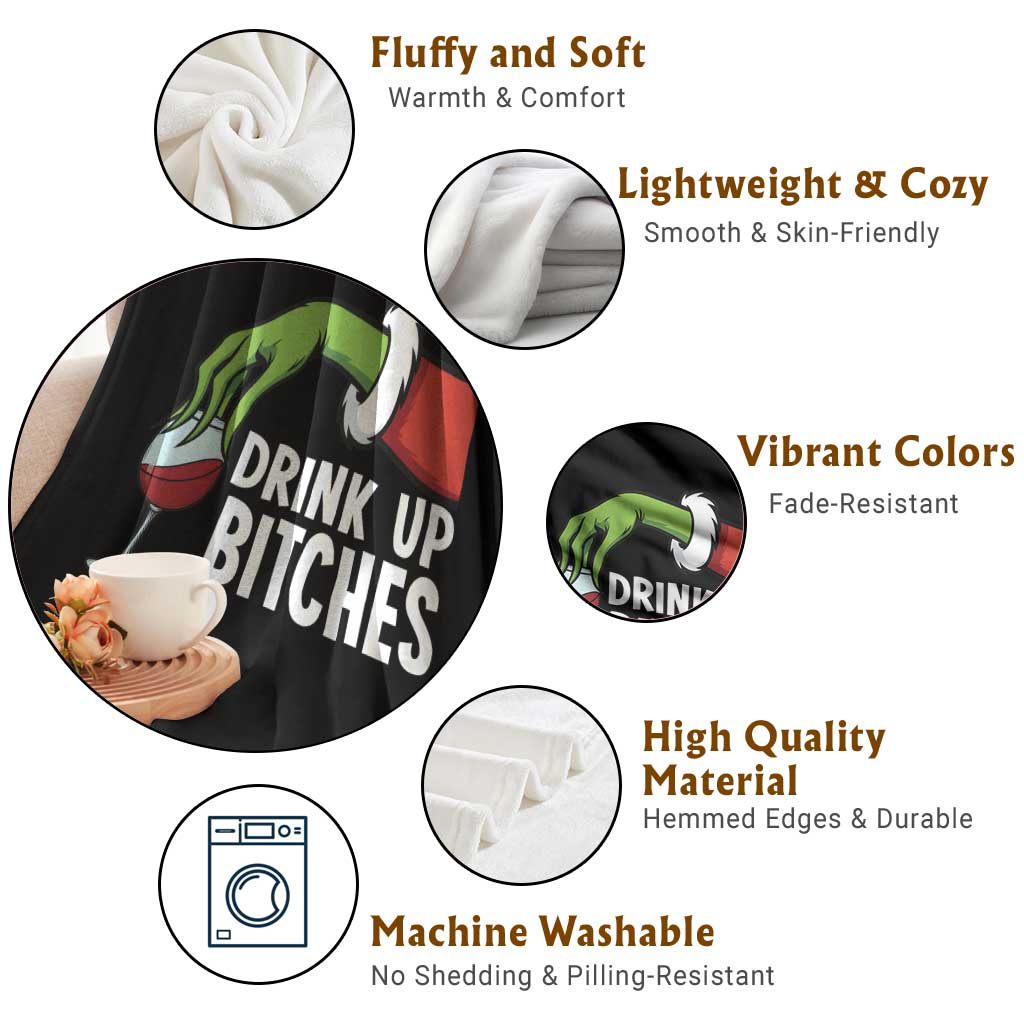 Funny Christmas Wine Throw Blanket Drink Up Bitches TS14 Print Your Wear