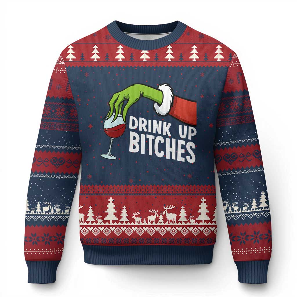 Funny Xmas Wine Ugly Christmas Sweater Drink Up Bitches TS14 Navy Red Print Your Wear
