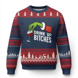 Funny Xmas Wine Ugly Christmas Sweater Drink Up Bitches TS14 Navy Red Print Your Wear
