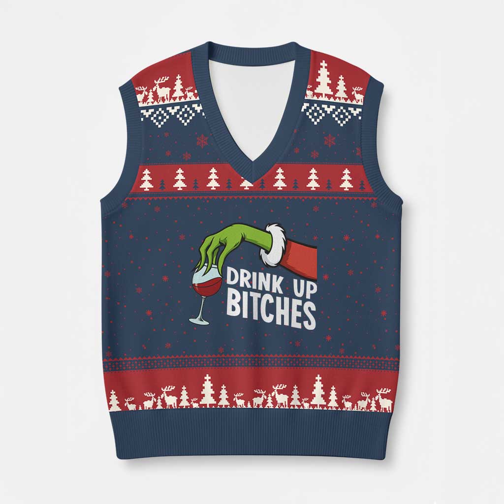 Funny Xmas Wine V-Neck Knit Sweater Vest Drink Up Bitches TS14 Navy Red Print Your Wear