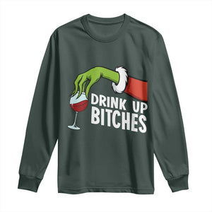 Funny Christmas Wine Long Sleeve Shirt Drink Up Bitches TS14 Dark Forest Green Print Your Wear
