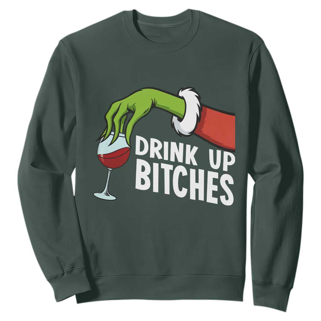 Funny Christmas Wine Sweatshirt Drink Up Bitches TS14 Dark Forest Green Print Your Wear