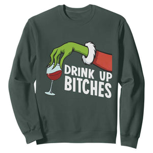Funny Christmas Wine Sweatshirt Drink Up Bitches TS14 Dark Forest Green Print Your Wear